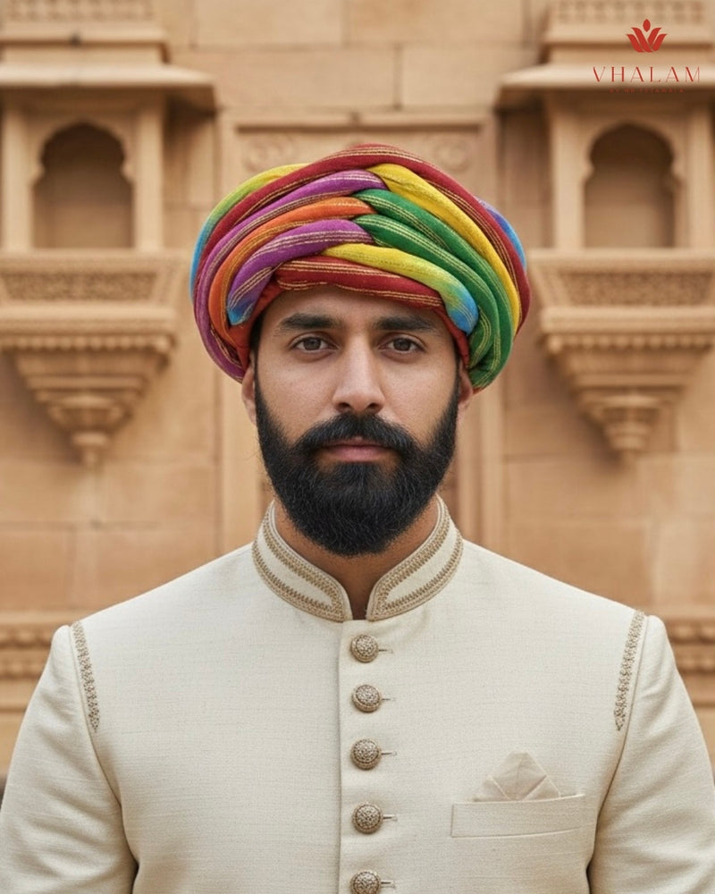 Vibrant Rainbow Multicolored Zari Striped Rajasthani Pagdi