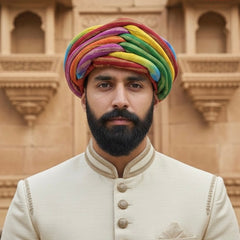 Vibrant Rainbow Multicolored Zari Striped Rajasthani Pagdi