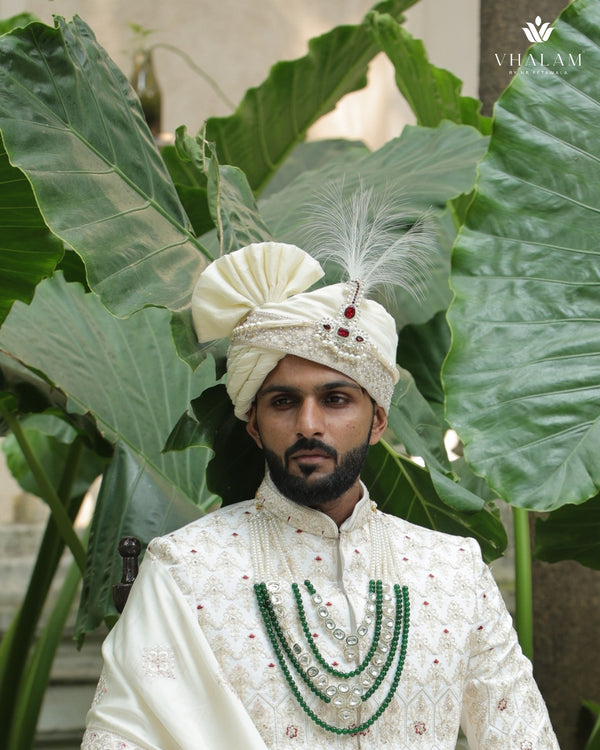 Off-White Embroidered Groom Turban with Ruby Brooch & Feather