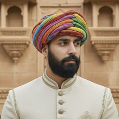 Vibrant Rainbow Multicolored Zari Striped Rajasthani Pagdi