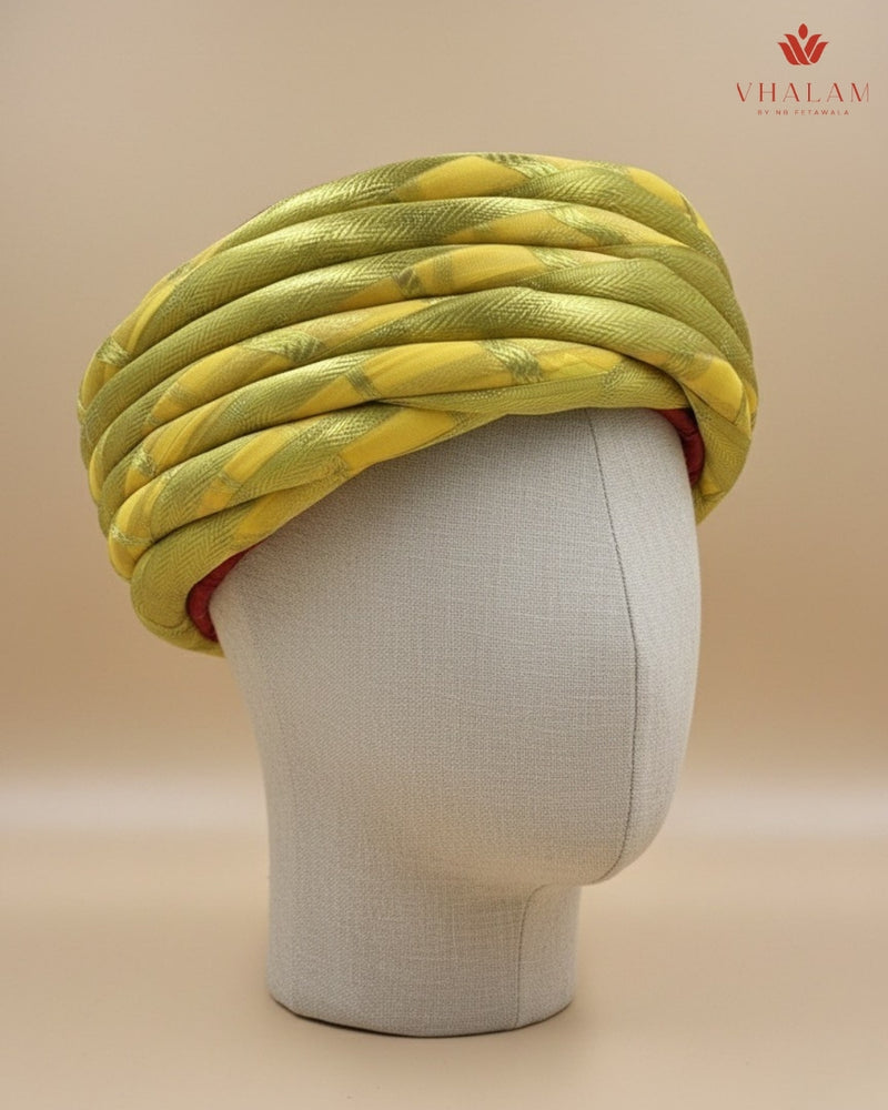 Lustrous Lime Green & Gold Self-Textured Rajasthani Pagdi