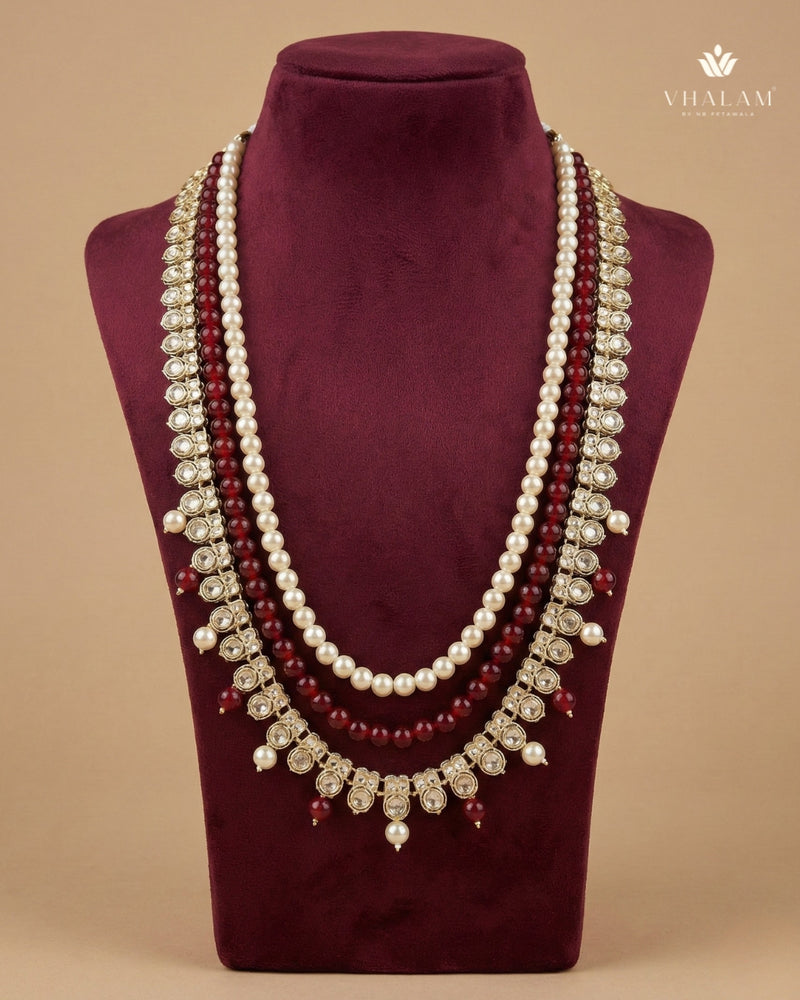 Kundan Droplet Maroon & Cream 3-Layer Dulha Mala