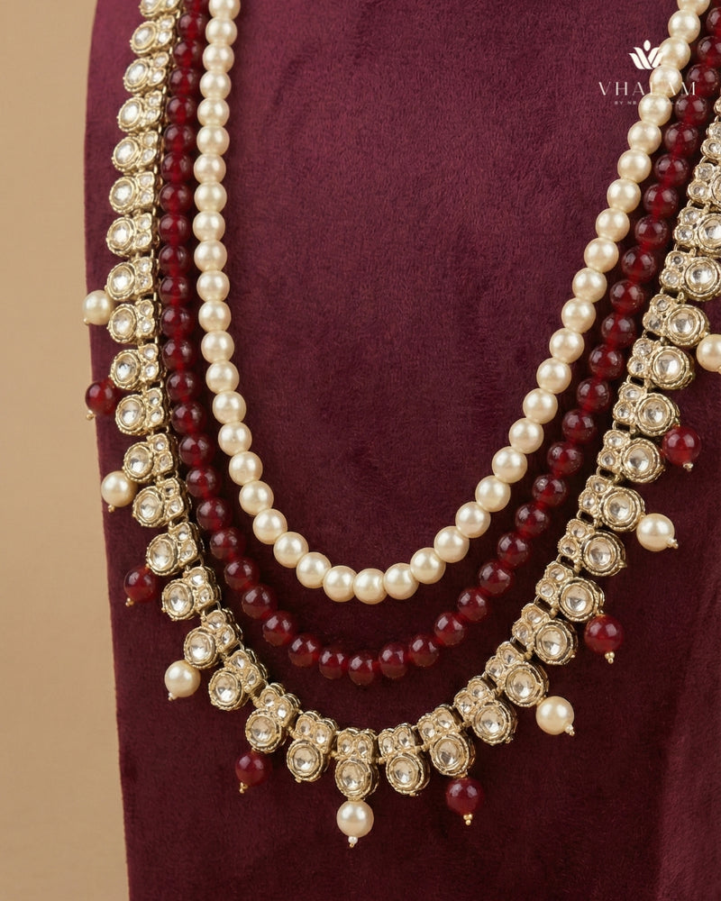 Kundan Droplet Maroon & Cream 3-Layer Dulha Mala