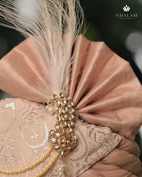 Pestle Peach Embroidered Groom Turban with Pearls