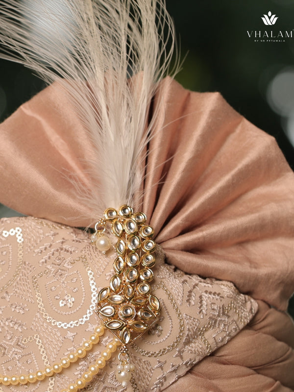 Pestle Peach Embroidered Groom Turban with Pearls