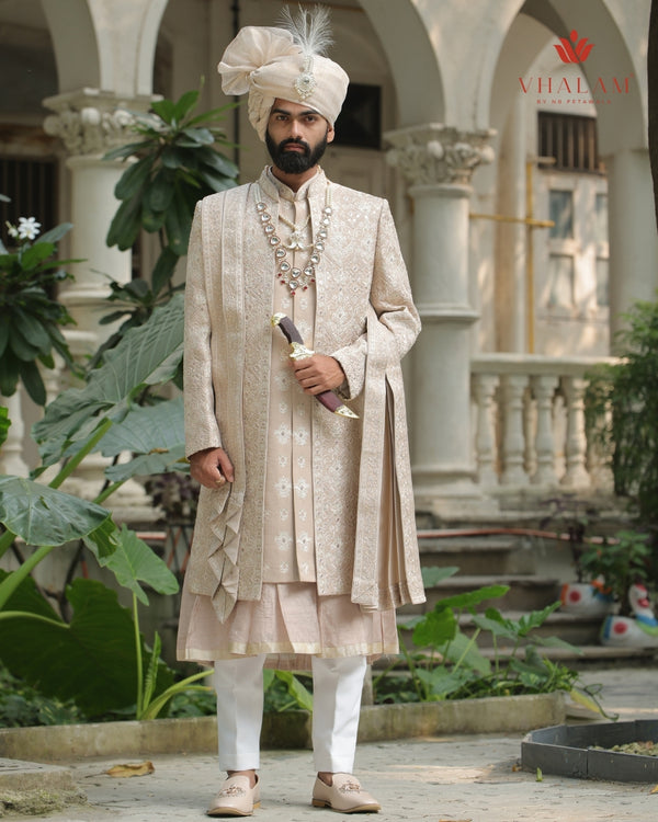 6-Piece Groom's Set for Champagne Beige/ Light Gold Sherwani