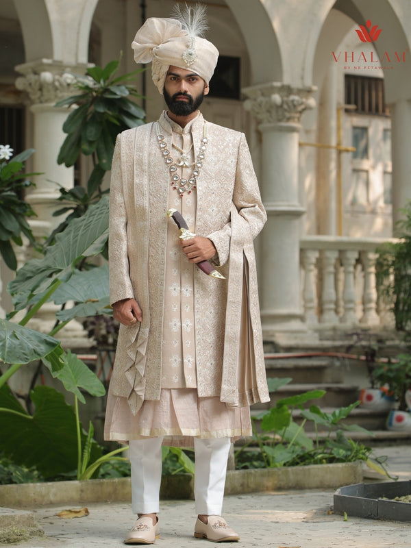 6-Piece Groom's Set for Champagne Beige/ Light Gold Sherwani