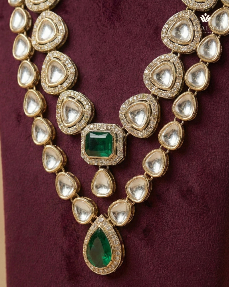 Dark Green Emerald & Kundan 2-Layer Dulha Mala