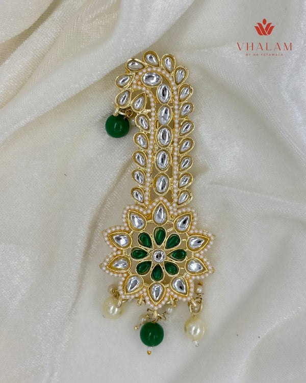 Green Floral Kundan Wedding Turban Brooch
