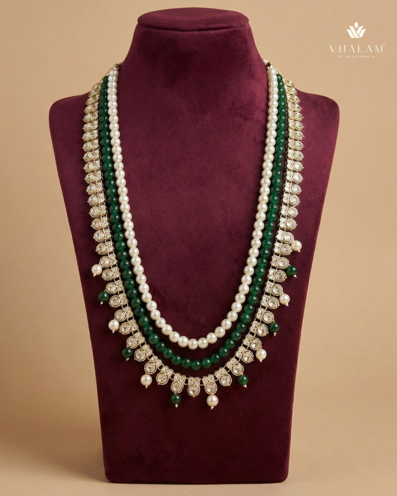Kundan Droplet Green & Cream 3-Layer Dulha Mala