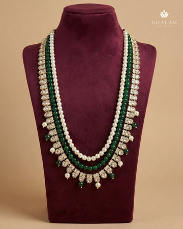 Kundan Droplet Green & Cream 3-Layer Dulha Mala