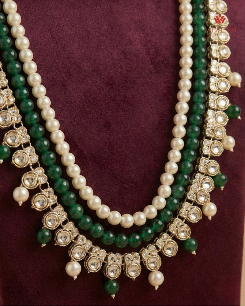 Kundan Droplet Green & Cream 3-Layer Dulha Mala