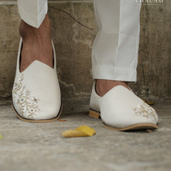 Handmade Ivory Buff Velvet Groom Jutti with Exquisite Handwork