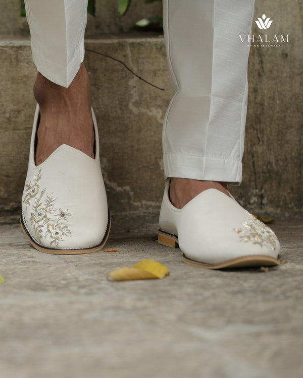 Handmade Ivory Buff Velvet Groom Jutti with Exquisite Handwork
