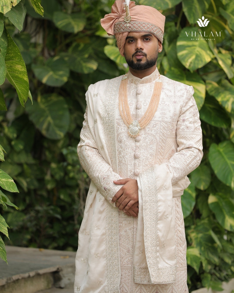 Classic Off-White Wedding Shawl with Intricate Thread Work