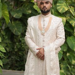 Classic Off-White Wedding Shawl with Intricate Thread Work