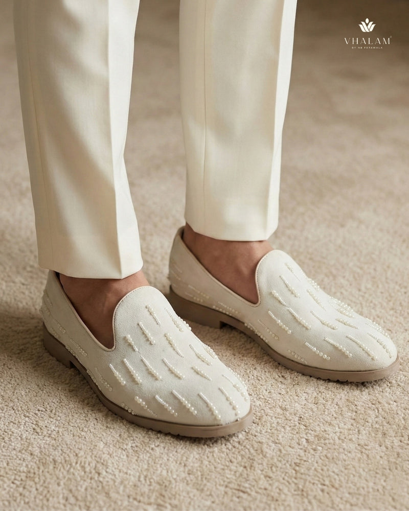 Dove Pearl-Encrusted Ivory Suede Loafers