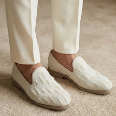 Dove Pearl-Encrusted Ivory Suede Loafers