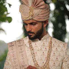 Pestle Peach Embroidered Groom Turban with Pearls