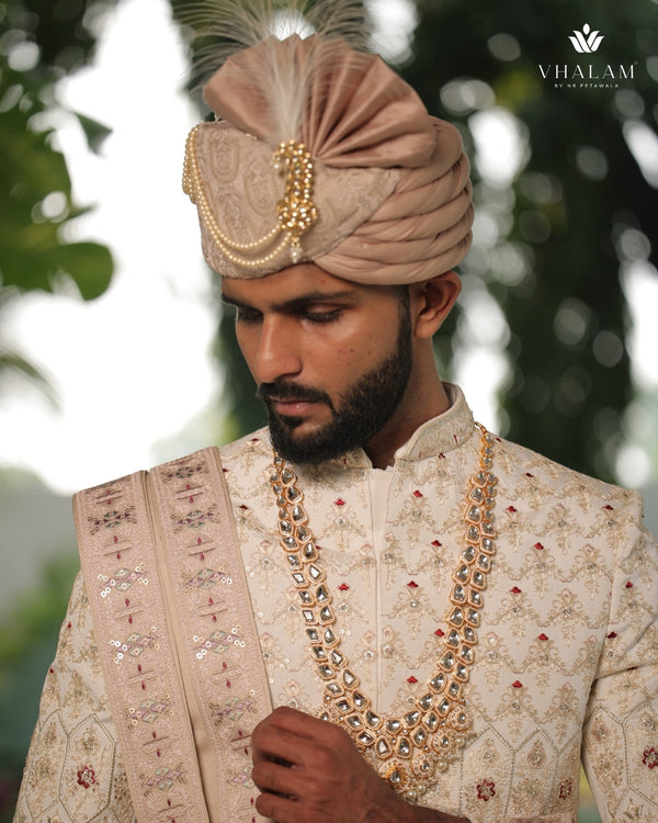 Pestle Peach Embroidered Groom Turban with Pearls