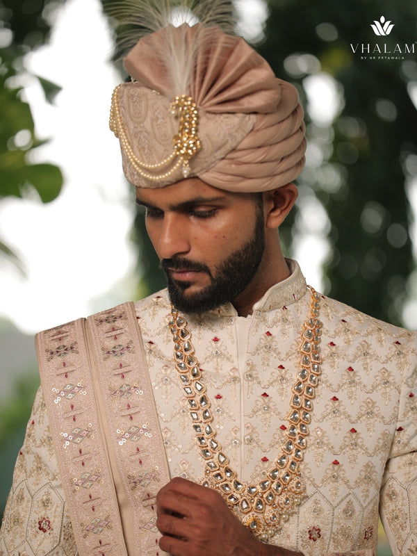 Pestle Peach Embroidered Groom Turban with Pearls