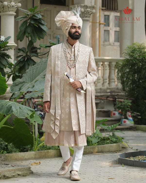 6-Piece Groom's Set for Champagne Beige/ Light Gold Sherwani