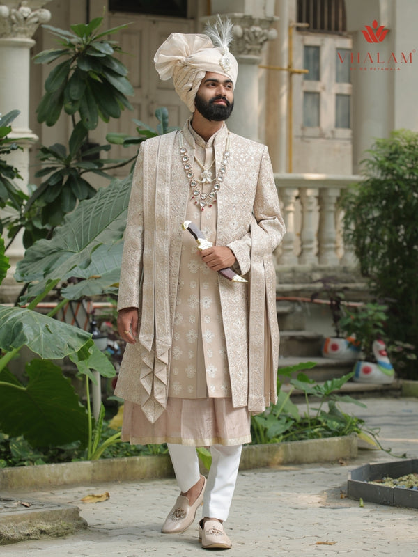 6-Piece Groom's Set for Champagne Beige/ Light Gold Sherwani