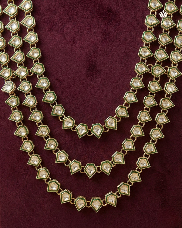 Geometric Kundan Green Meenakari 3-Layer Dulha Mala