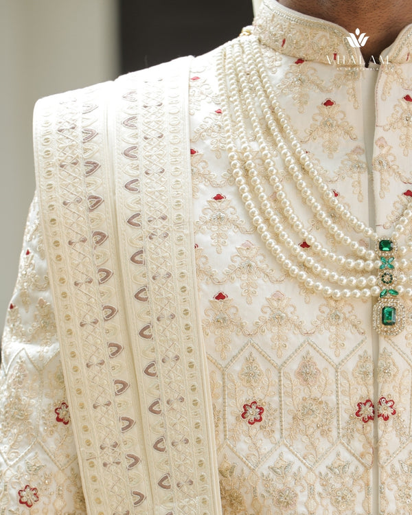 Ivory Embroidered Groom Dupatta with Subtle Thread Work