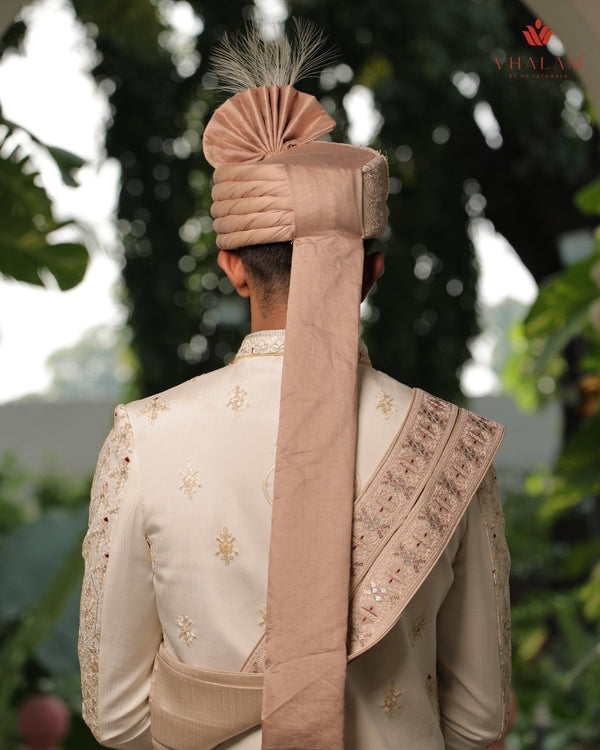 Pestle Peach Embroidered Groom Turban with Pearls