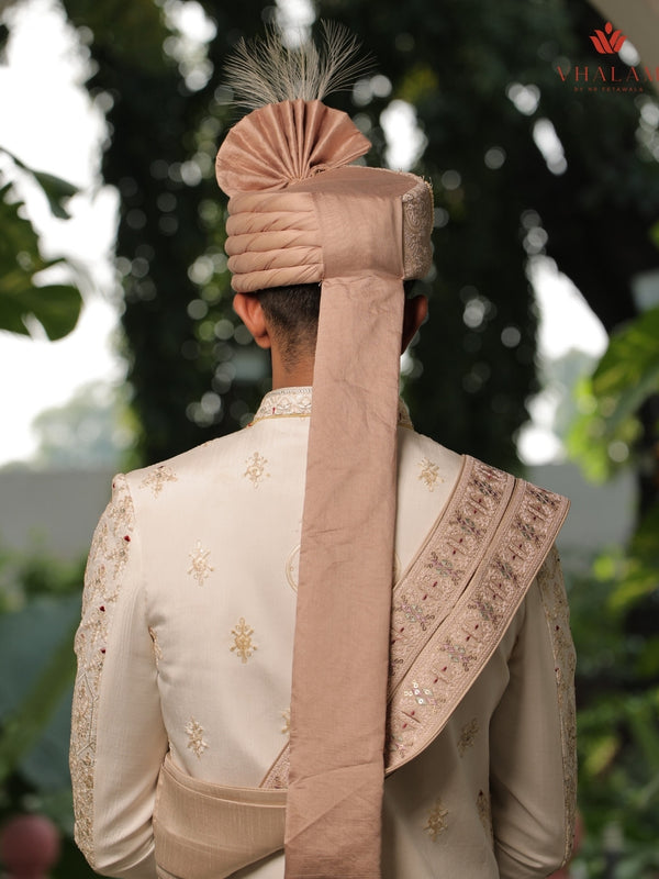 Pestle Peach Embroidered Groom Turban with Pearls