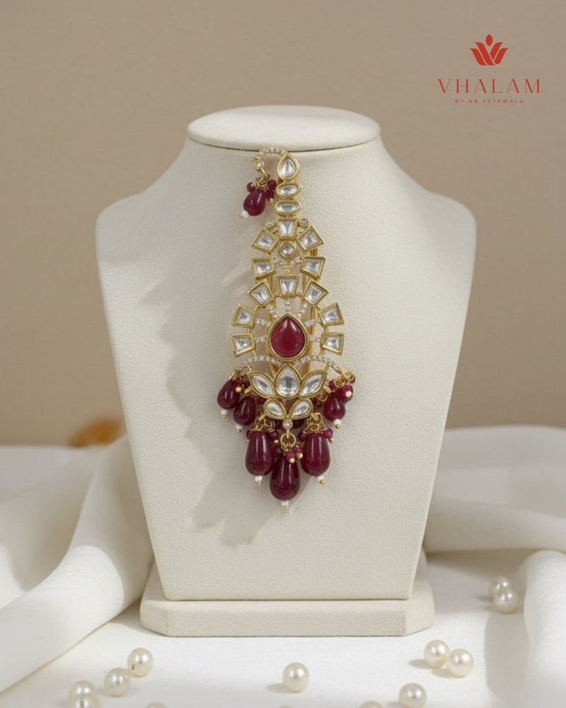 Minimal Ruby Kundan Turban Brooch with Hanging Beads