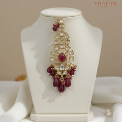 Minimal Ruby Kundan Turban Brooch with Hanging Beads