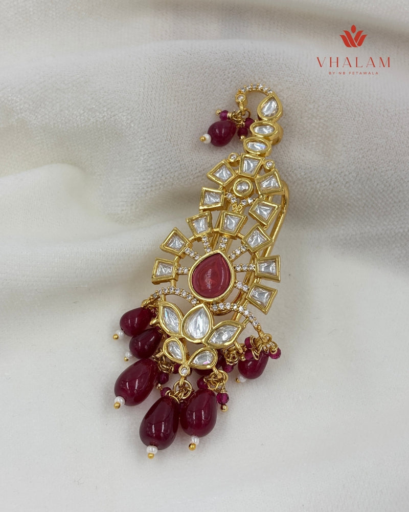 Minimal Ruby Kundan Turban Brooch with Hanging Beads