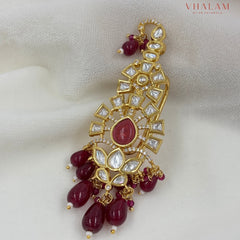 Minimal Ruby Kundan Turban Brooch with Hanging Beads