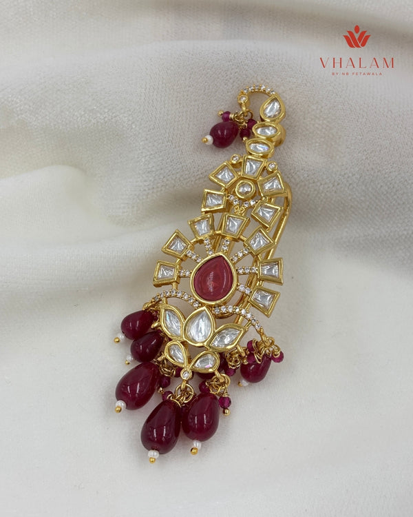 Minimal Ruby Kundan Turban Brooch with Hanging Beads