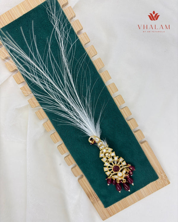 Minimal Ruby Kundan Turban Brooch with Hanging Beads