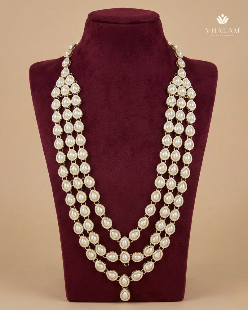 White Groom Tear-Drop Pearl Beaded Three-Layer Mala