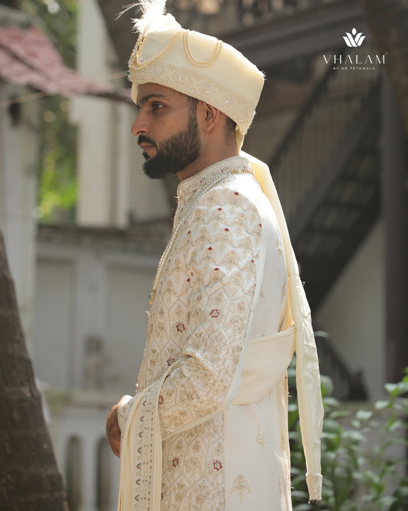 Ivory Embroidered Groom Dupatta with Subtle Thread Work