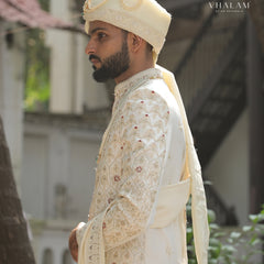 Ivory Embroidered Groom Dupatta with Subtle Thread Work
