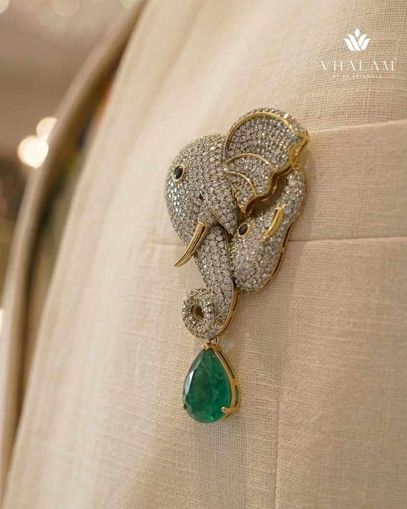 Gold Elephant Brooch With Emerald Green Stone