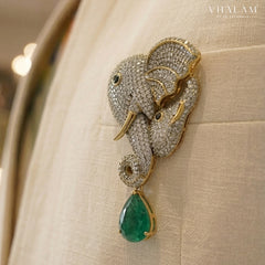 Gold Elephant Brooch With Emerald Green Stone