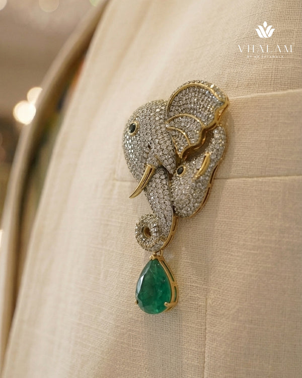 Gold Elephant Brooch With Emerald Green Stone