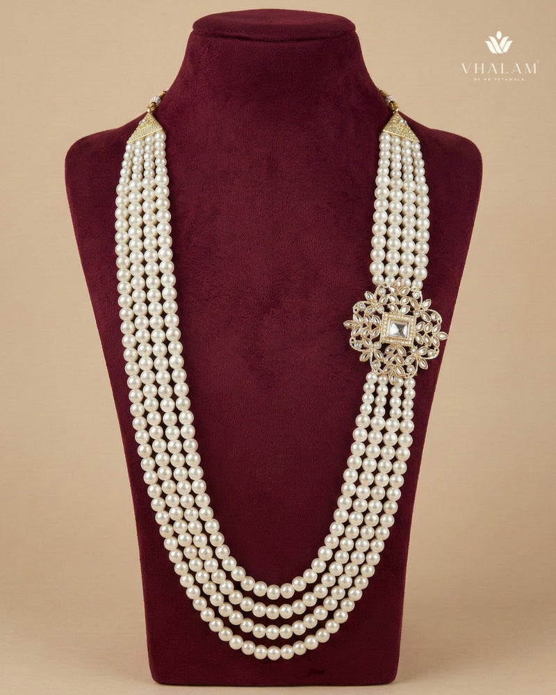 Groom Pearl & Kundan Floral Side White Brooch Mala