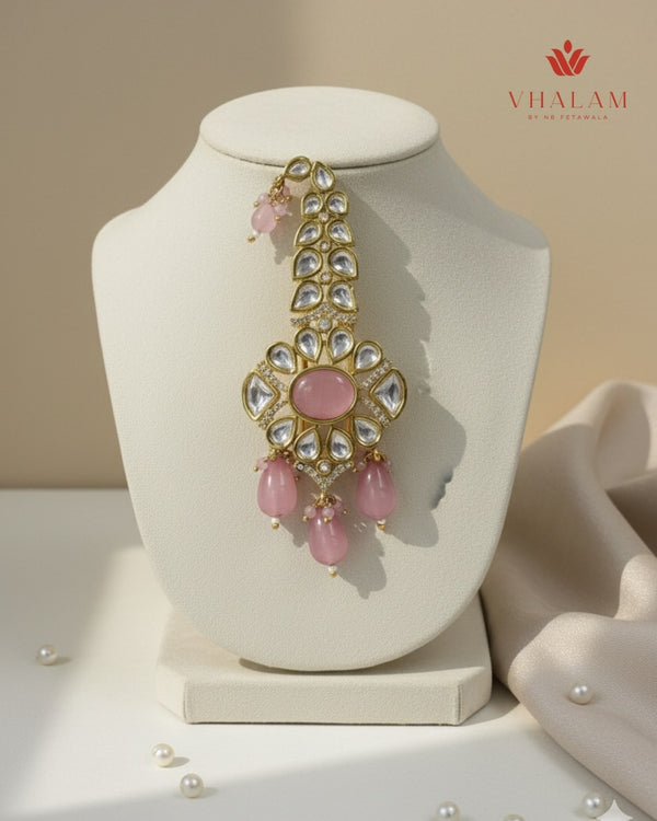 Pestle Pink Stone Kundan Turban Brooch with Crystal Accents