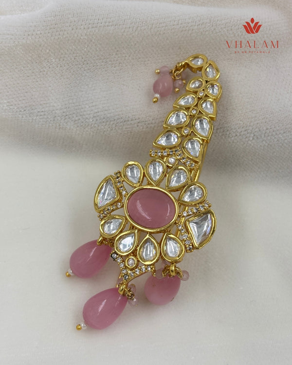 Pestle Pink Stone Kundan Turban Brooch with Crystal Accents