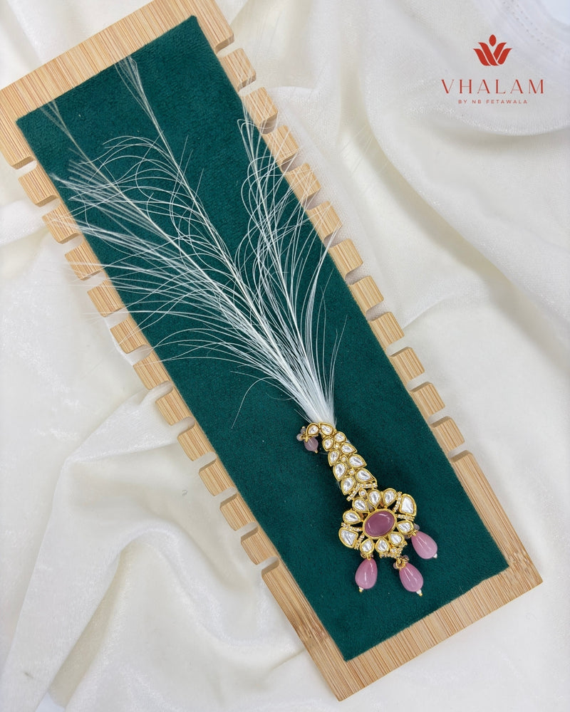 Pestle Pink Stone Kundan Turban Brooch with Crystal Accents