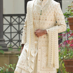 Ivory Embroidered Groom Dupatta with Subtle Thread Work