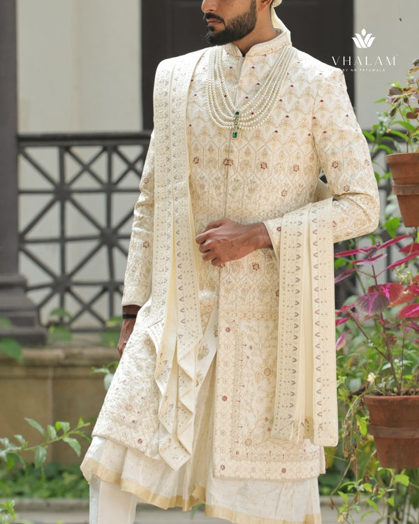 Ivory Embroidered Groom Dupatta with Subtle Thread Work