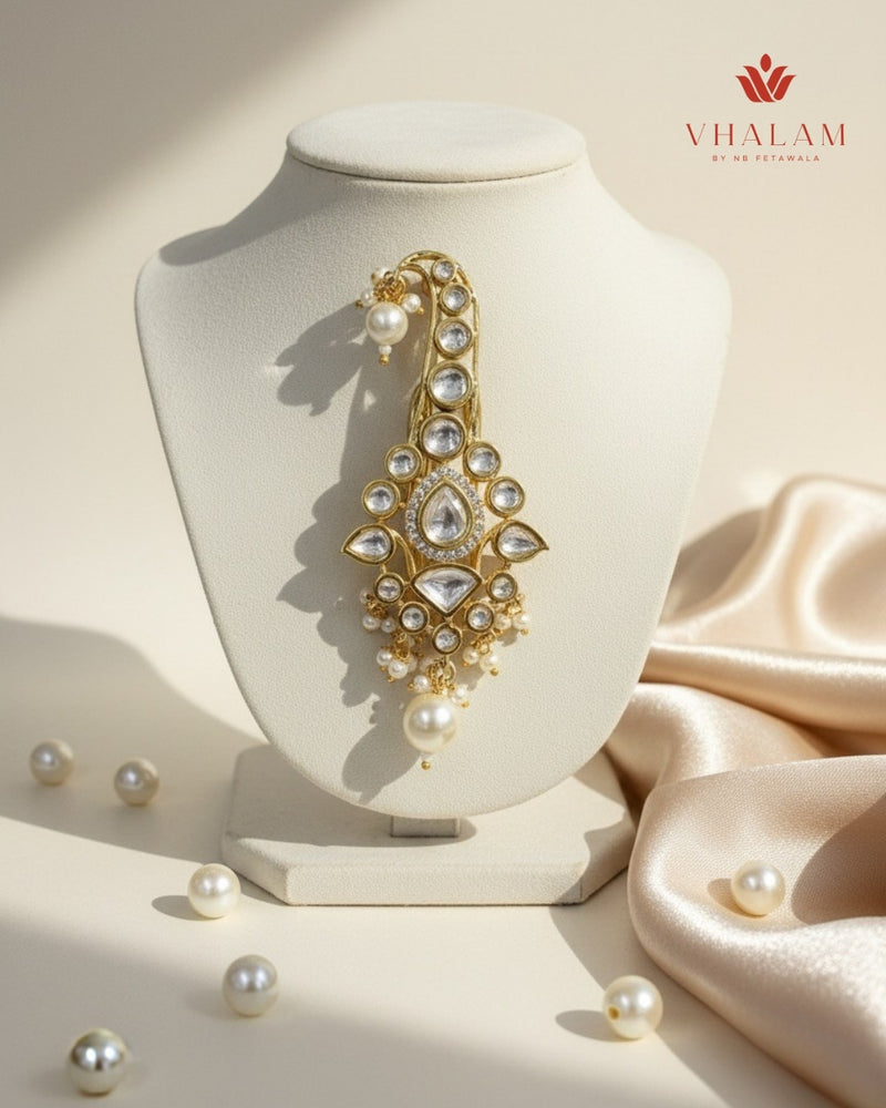 Teardrop Kundan Turban Brooch with Pearl Hangings